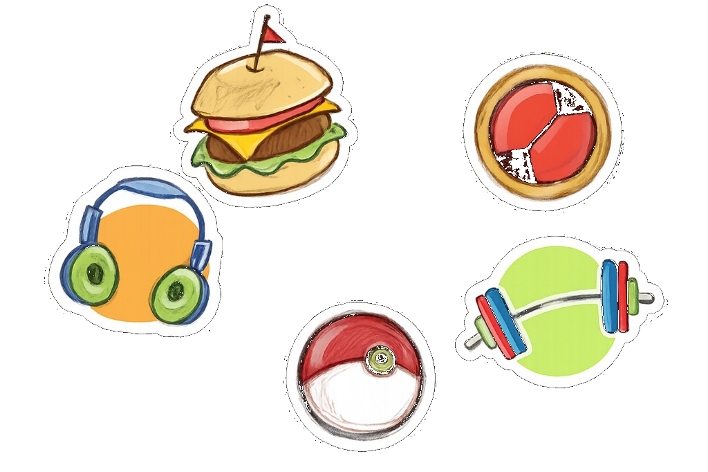 Handdrawn stickers: a burger, headphones, the MegaMan Battle Network emblem, a barbell, and a Pokeball